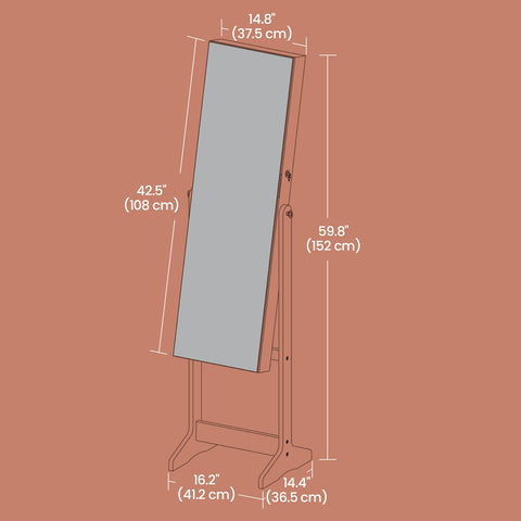 Rootz Standing Jewelry Cabinet - Mirror Cabinet - Full Body Mirror - Securely Stores Jewelry & Makeup - 41.2cm x 36.5cm x 152cm