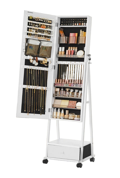 Rootz Jewelry Cabinet - Storage Organizer - Mirror Armoire - Space Saving - 41.5cm x 37cm x 152.5cm - White