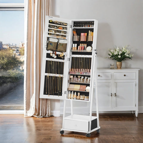 Rootz Jewelry Cabinet - Storage Organizer - Mirror Armoire - Space Saving - 41.5cm x 37cm x 152.5cm - White