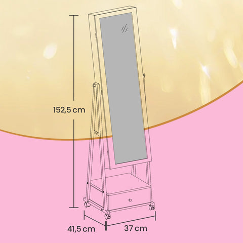 Rootz Jewelry Cabinet - Storage Organizer - Mirror Armoire - Space Saving - 41.5cm x 37cm x 152.5cm - White