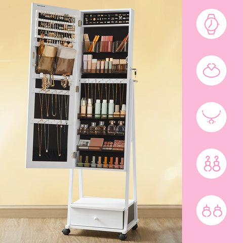 Rootz Jewelry Cabinet - Storage Organizer - Mirror Armoire - Space Saving - 41.5cm x 37cm x 152.5cm - White