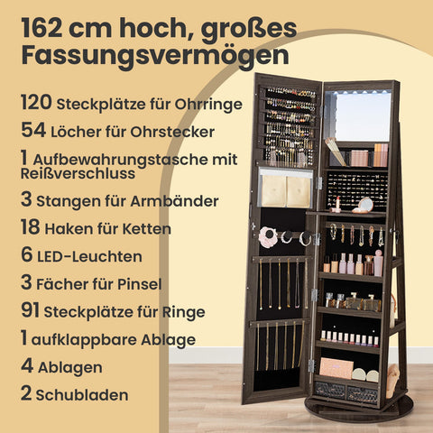 Rootz Jewelry Cabinet - Mirror Cabinet - Frameless Full Body Mirror - Space-Saving Design - 54.5cm x 54.5cm x 162cm