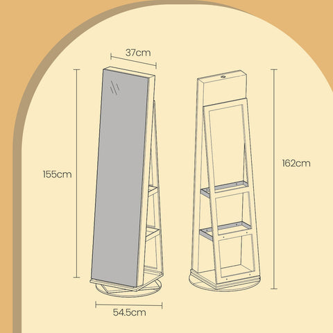 Rootz Jewelry Cabinet - Mirror Cabinet - Frameless Full Body Mirror - Space-Saving Design - 54.5cm x 54.5cm x 162cm