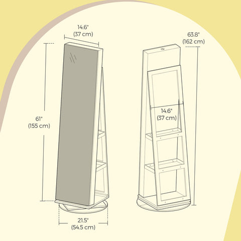 Rootz Jewelry Cabinet - Mirror Cabinet - Rotating Organizer - Secure Storage - 54.5cm x 54.5cm x 162cm