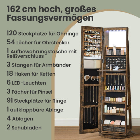 Rootz Jewelry Cabinet - Mirror Cabinet - Frameless Full Body Mirror - Space-Saving Design - 54.5cm x 54.5cm x 162cm