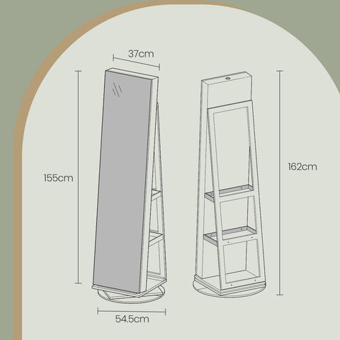 Rootz Jewelry Cabinet - Mirror Cabinet - Frameless Full Body Mirror - Space-Saving Design - 54.5cm x 54.5cm x 162cm
