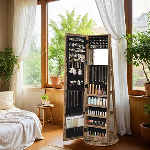 Rootz Lockable 360° Rotatable Jewelry Cabinet - Mirror Cabinet - Spacious Jewelry Organizer - 54cm x 54cm x 161cm