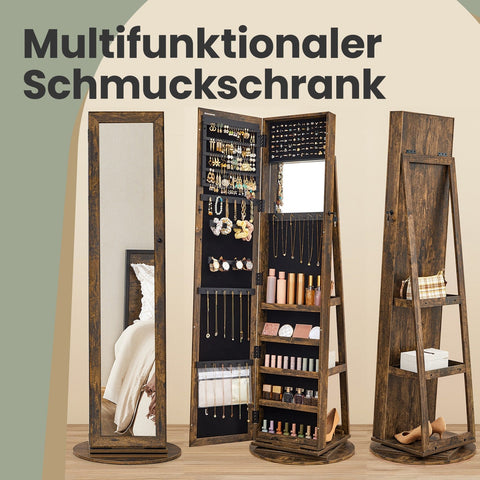 Rootz Lockable 360° Rotatable Jewelry Cabinet - Mirror Cabinet - Spacious Jewelry Organizer - 54cm x 54cm x 161cm