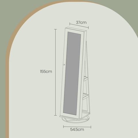 Rootz Lockable 360° Rotatable Jewelry Cabinet - Mirror Cabinet - Spacious Jewelry Organizer - 54cm x 54cm x 161cm