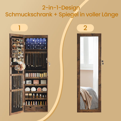 Rootz Hanging Jewelry Cabinet - Wall Mirror - Storage Organizer - LED Lighting - 37cm x 10cm x 120cm
