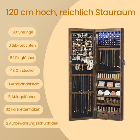 Rootz Hanging Jewelry Cabinet - Wall Mirror - Storage Organizer - LED Lighting - 37cm x 10cm x 120cm