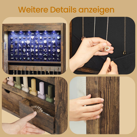 Rootz Hanging Jewelry Cabinet - Wall Mirror - Storage Organizer - LED Lighting - 37cm x 10cm x 120cm