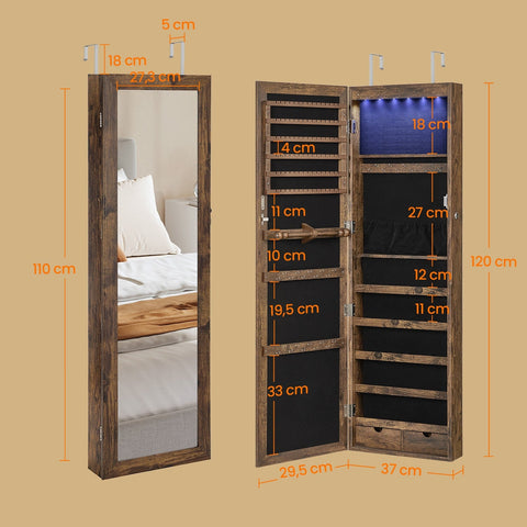 Rootz Hanging Jewelry Cabinet - Wall Mirror - Storage Organizer - LED Lighting - 37cm x 10cm x 120cm