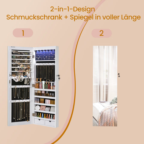 Rootz Mirror Jewelry Cabinet - Hanging Mirror Cabinet - Wall Cabinet - LED Lighting - 37cm x 9.3cm x 108cm