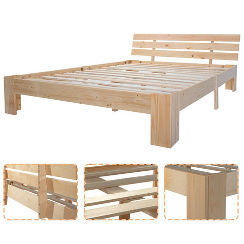 Rootz Double Bed with Headboard - Pine Wood Bed Frame - Natural Wood Bed - 144cm x 210cm x 67.5cm