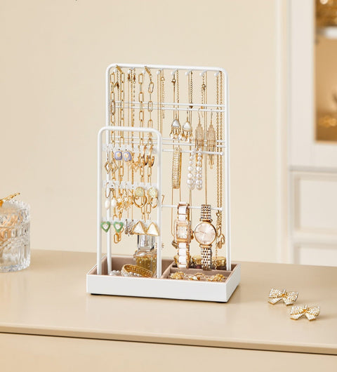 Rootz Jewelry Stand - Metal Frame - Gift Display - Space-Saving - 11.5cm x 19.6cm x 30.8cm - White