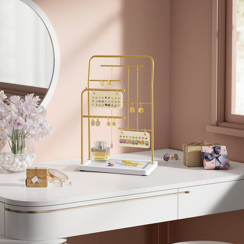 Rootz Metallic Gold Jewelry Stand - Organizer Rack - Earring Holder - Steel Velvet - 13cm x 21.5cm x 33.7cm