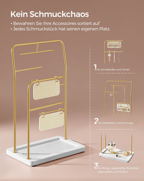 Rootz Metallic Gold Jewelry Stand - Organizer Rack - Earring Holder - Steel Velvet - 13cm x 21.5cm x 33.7cm