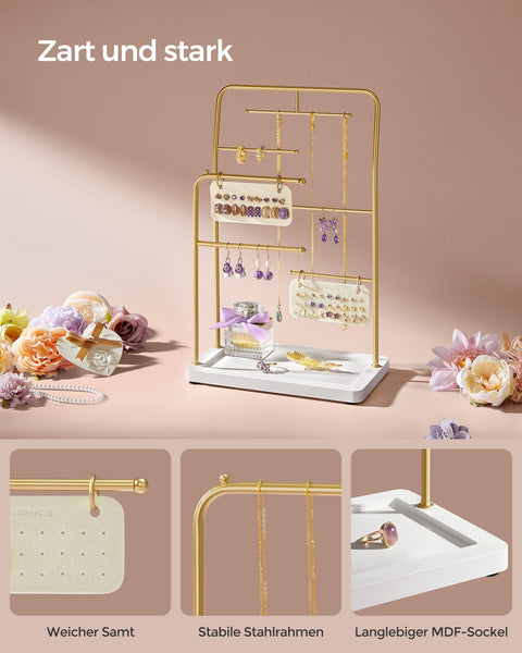 Rootz Metallic Gold Jewelry Stand - Organizer Rack - Earring Holder - Steel Velvet - 13cm x 21.5cm x 33.7cm