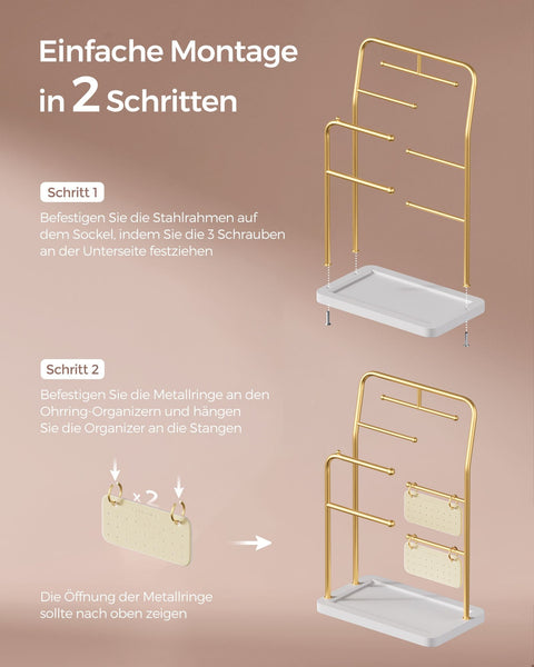 Rootz Metallic Gold Jewelry Stand - Organizer Rack - Earring Holder - Steel Velvet - 13cm x 21.5cm x 33.7cm