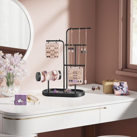 Rootz Jewelry Stand - Earring Organizer - Necklace Holder - Steel and Velvet - 10.8cm x 20.4cm x 31.5cm - Ink Black - Lightweight Display Stand