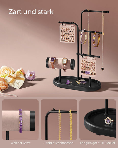 Rootz Jewelry Stand - Earring Organizer - Necklace Holder - Steel and Velvet - 10.8cm x 20.4cm x 31.5cm - Ink Black - Lightweight Display Stand