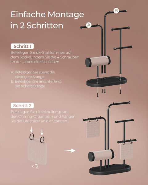 Rootz Jewelry Stand - Earring Organizer - Necklace Holder - Steel and Velvet - 10.8cm x 20.4cm x 31.5cm - Ink Black - Lightweight Display Stand
