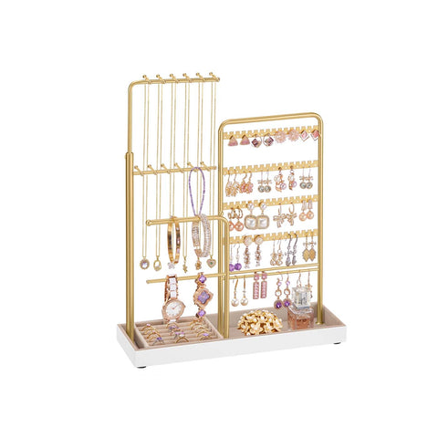 Rootz Jewelry Staircase - Gold Display Stand - Metal Organizer - Velvet Lining - Space-Saving - 10cm x 30.6cm x (30.9-47.5)cm
