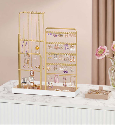 Rootz Jewelry Staircase - Gold Display Stand - Metal Organizer - Velvet Lining - Space-Saving - 10cm x 30.6cm x (30.9-47.5)cm