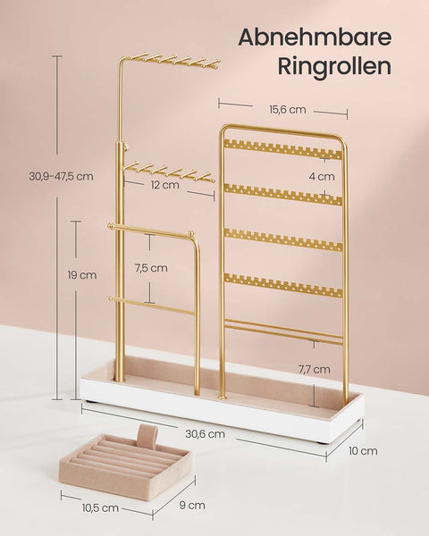 Rootz Jewelry Staircase - Gold Display Stand - Metal Organizer - Velvet Lining - Space-Saving - 10cm x 30.6cm x (30.9-47.5)cm