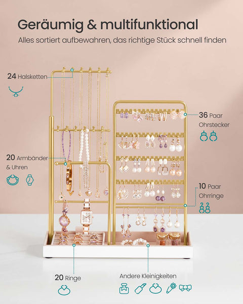 Rootz Jewelry Staircase - Gold Display Stand - Metal Organizer - Velvet Lining - Space-Saving - 10cm x 30.6cm x (30.9-47.5)cm