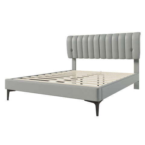 Rootz Gray Upholstered Bed - Modern Bed Frame - Easy-Care Bed - Removable Backrest - PU Material - 203cm x 148cm x 107.5cm