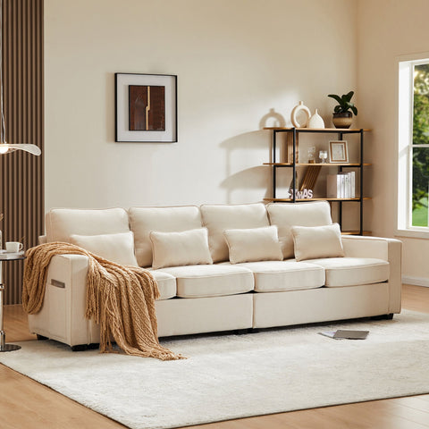 Rootz Modern 4-Seater Sofa - Linen Look Sofa - Spacious Couch - Adjustable Cushions - 264x83x87 cm - Beige