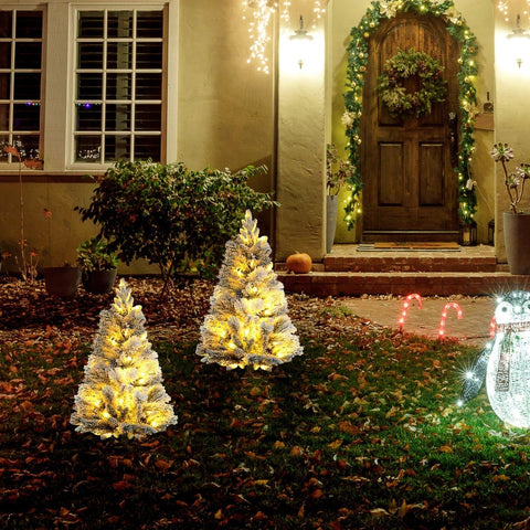 Rootz 2 Piece 90cm Christmas Tree Set - LED Lights - Artificial Snow - Red Berries and Pine Cones - Battery Operated - 55cm x 90cm