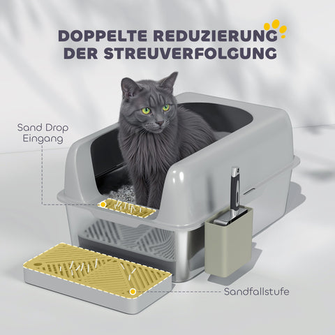 Rootz Cat Toilet Litter Box - Stainless Steel - High Walls - Easy Cleaning - 60.2cm x 40.6cm x 29cm