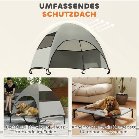 Rootz Outdoor Elevated Dog Bed with Canopy - Raised Pet Lounger - Sun Protection - Grey - 91cm x 76cm x 90cm