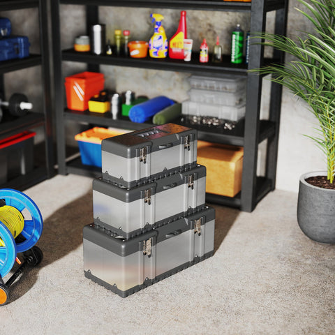 Rootz 3-Part Toolbox Set - Stainless Steel Storage - Portable Organizer - Durable & Shockproof - 39.5cm x 18.5cm x 17cm, 47cm x 23.8cm x 20.3cm, 58.2cm x 29.8cm x 25.5cm