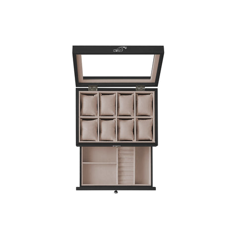 Rootz Watch Box - 8 Compartment Organizer - Storage Case - Solid Wood - Protects Watches - 19cm x 27cm x 12.5cm