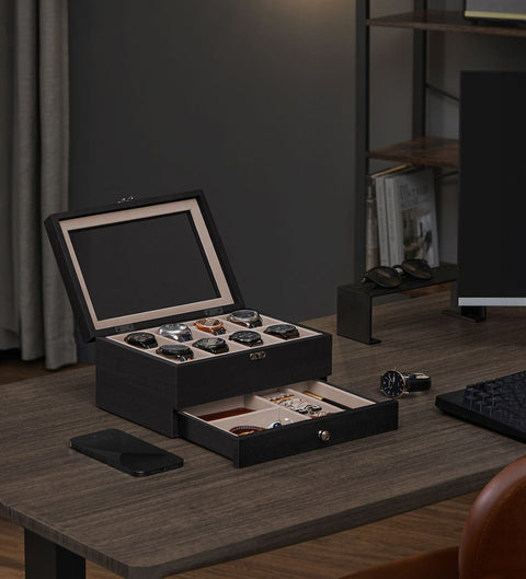 Rootz Watch Box - 8 Compartment Organizer - Storage Case - Solid Wood - Protects Watches - 19cm x 27cm x 12.5cm