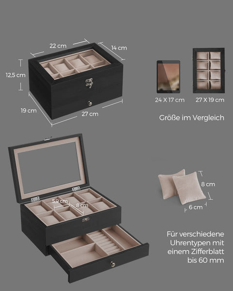 Rootz Watch Box - 8 Compartment Organizer - Storage Case - Solid Wood - Protects Watches - 19cm x 27cm x 12.5cm