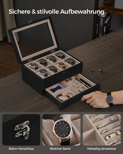 Rootz Watch Box - 8 Compartment Organizer - Storage Case - Solid Wood - Protects Watches - 19cm x 27cm x 12.5cm