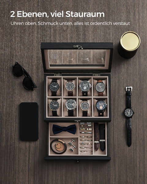 Rootz Watch Box - 8 Compartment Organizer - Storage Case - Solid Wood - Protects Watches - 19cm x 27cm x 12.5cm