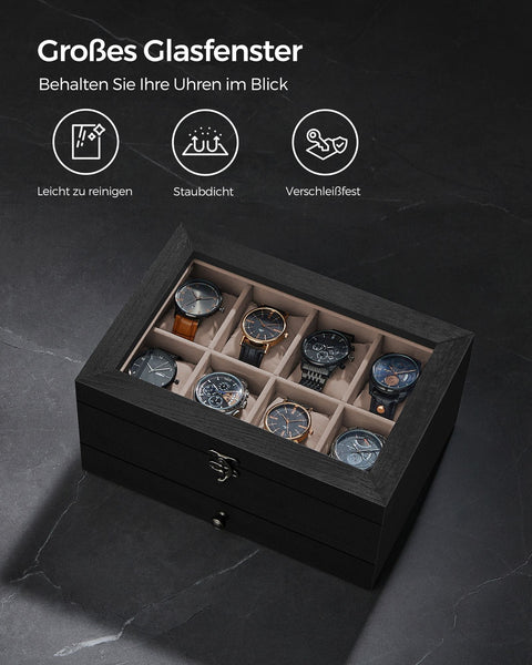 Rootz Watch Box - 8 Compartment Organizer - Storage Case - Solid Wood - Protects Watches - 19cm x 27cm x 12.5cm