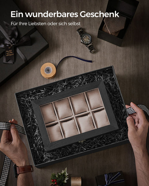 Rootz Watch Box - 8 Compartment Organizer - Storage Case - Solid Wood - Protects Watches - 19cm x 27cm x 12.5cm