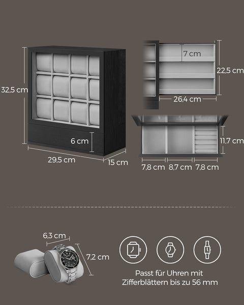 Rootz Watch Box - Watch Organizer - Watch Display Case - Solid Wood Veneer - 15cm x 29.5cm x 32.5cm