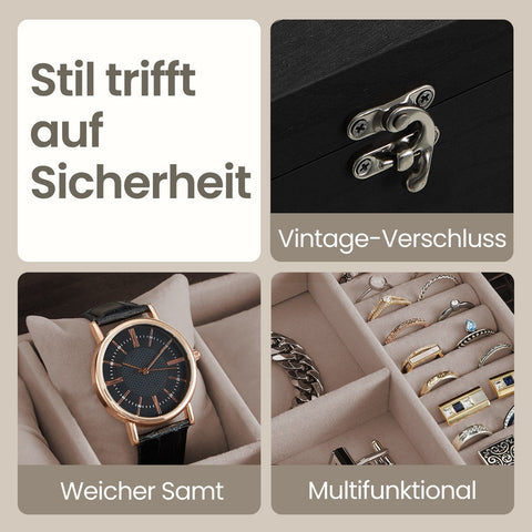 Rootz 8 Compartment Watch Box - Clock Box - Jewelry Organizer - Solid Wood & Glass - Ebony Black - 19 x 27 x 12.5 cm