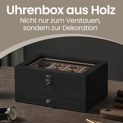 Rootz 8 Compartment Watch Box - Clock Box - Jewelry Organizer - Solid Wood & Glass - Ebony Black - 19 x 27 x 12.5 cm