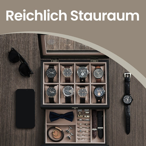 Rootz 8 Compartment Watch Box - Clock Box - Jewelry Organizer - Solid Wood & Glass - Ebony Black - 19 x 27 x 12.5 cm