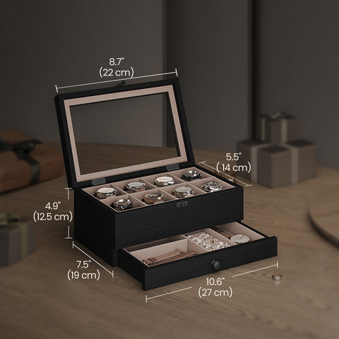 Rootz 8 Compartment Watch Box - Clock Box - Jewelry Organizer - Solid Wood & Glass - Ebony Black - 19 x 27 x 12.5 cm