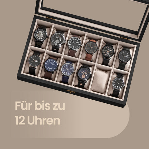Rootz Solid Wood Watch Box - Glass Lid - 12 Compartment Organizer - Gift Idea - 21cm x 35cm x 8.5cm